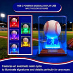Baseball Display Case, Baseball Display Stand with LED Lights , Wooden Stand and a Bronze Medal,Cube Baseball Holder Display case, Acrylic Clear Ball Protector for Memorabilia Baseball Gifts