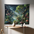 Ambesonne Aesthetic Tapestry, Exotic Forest of Twilight with Trees Bushes and Flowers Falling Stars, Fabric Wall Hanging Decor for Bedroom Living Room Dorm, 28" X 23", Green Dark Night Blue