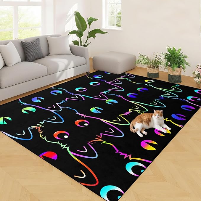 Black Cat Rug 5x7, Kids Cat Carpet for Girls Room Decor, Funny Cats Rugs Room Decor Girls Bedroom Cute Cats Themed Washable Kids Area Rug for Playroom Bedroom Classroom