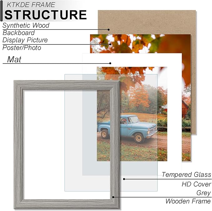 KTKDE 8x10 Picture Frame Real Glass, Display Pictures 5x7 with Mat or 8x10 Without Mat, Modern Style Wood Composite Frame, Gallery Wall Grey Frame & Table Top Display，best gift