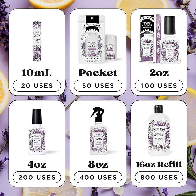 Poo-Pourri Before-You-Go Toilet Spray, Lavender Vanilla, 2 Fl Oz, Up to 100 Uses, Bathroom Odor Deodorizer with Essential Oils for Home or Work, Travel Essentials, TSA Approved Size