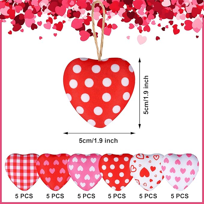 30 Pieces Fabric Heart Hanging Ornaments Valentines Heart Shaped Ornaments Red Pink Hearts Fabric Hanging Decorations for Valentine's Day Tree Wedding Party DIY Crafts