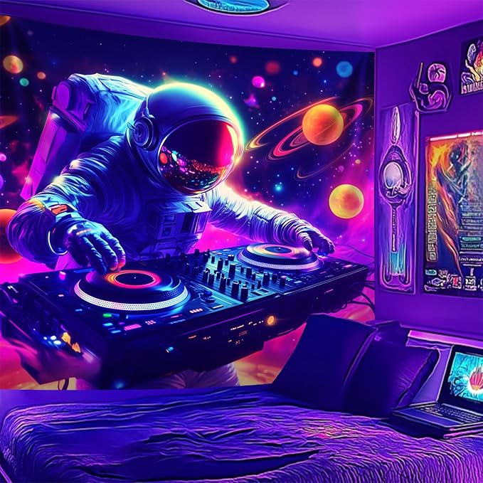 NYZE Astronaut Space Tapestry for Bedroom, Music Wall Tapestry, Party Decor Glow in the Dark Room Decor Tapestries, Cool Galaxy Planet Wall Hanging, Wall Hanging for Room Dorm 59in×51in