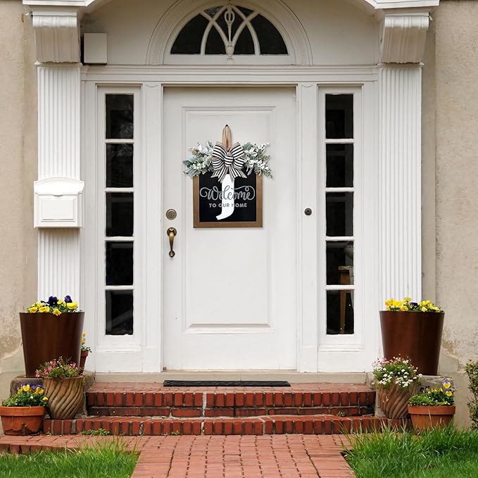 Ultra Large 14'' Last Name All Year Round Front Door Wreath with 26 Initial Letter Welcome Sign All Seasons Eucalyptus Garland and Bow Wreaths for Front Door Porch Farmhouse Decoration (J)