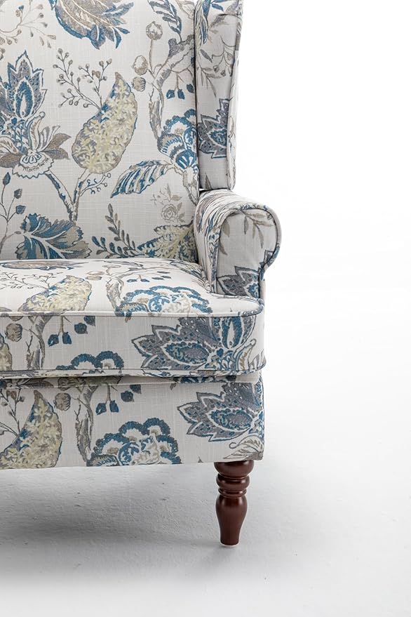 KEIKI Floral Accent Chair for Living Room – Timeless Botanical Style with Carved Wooden Legs, Decorative Upholstered Armchair for Refined Seating