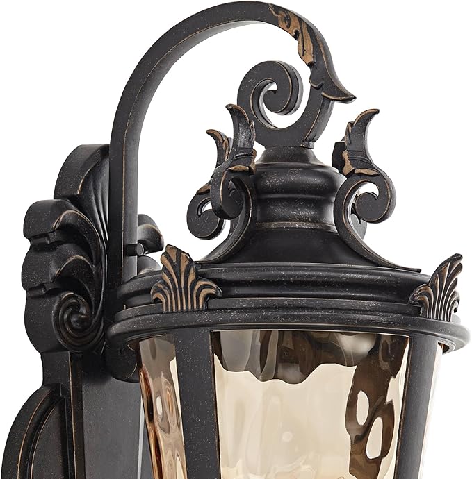 John Timberland Casa Marseille Vintage Outdoor Wall Light Fixture Veranda Bronze Scroll Frame 31" Champagne Hammered Glass for Exterior House Porch Patio Outside Deck Garage Yard Front Door