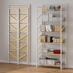 JSB No Assembly Folding Bookshelf, 6 Tier Industrial Metal Book Shelf for Storage, Vintage Wood Foldable Bookcase for Living Room, Bedroom, Office Organization Shelves