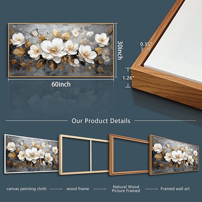 FUHAIHUA Wood Framed Canvas Wall Art For Living Room Large Wall Decor For Office Bedroom Decoration White Flower Pictures Farmhouse Painting Artwork Room Wall Mural Aesthetic Home Decor 30x60