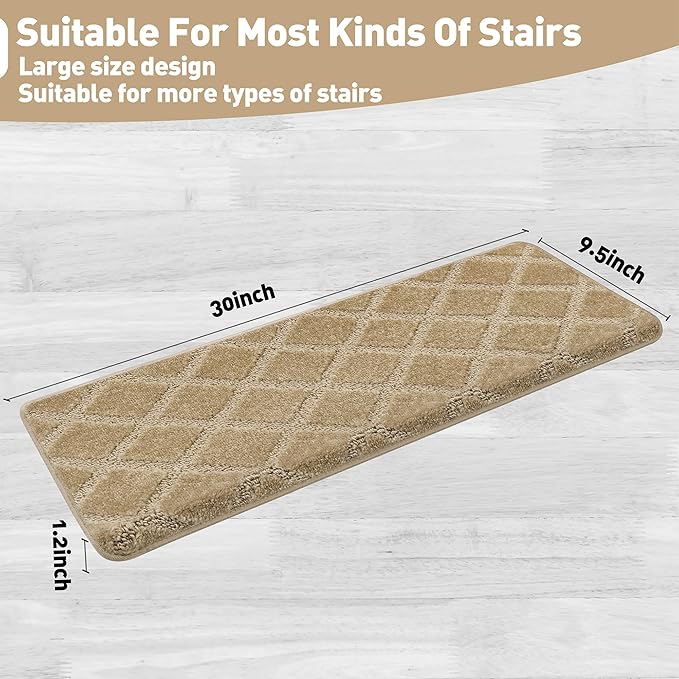 PURE ERA Bullnose Carpet Stair Treads Set Tape Free Non-Slip Indoor Stair Protectors Pet Friendly Rugs 9.5" x 30"(7 Pieces,Khaki Diamond Trellis)