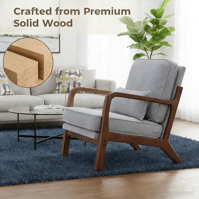 Simple Deluxe Mid-Century Modern Wood Accent Chair & Cozy Reading Chair, Upholstered Living Room Chair with Waist Cushion, Solid Wood Chair with Pillow for Bedroom, Grey