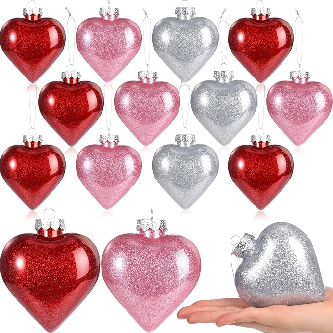 Civaner 12 Pcs Large Valentine's Day Heart Shaped Ornaments Outdoor, Glitter Heart Shaped Baubles with Pre-Strung Wire, Romantic Home Hanging Decorations for Valentine Tree (Red Pink Silver)