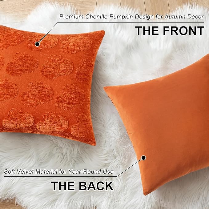 decorUhome Decorative Two Rust Pumpkins Thanksgiving Throw Pillow Covers 20x20 Set of 2, Soft Chenille Jacquard Farmhouse Textured Pillow Covers for Couch Bed Sofa Autumn Harvest Halloween Holiday
