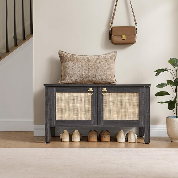 SICOTAS Shoe Rack Bench Entryway Bench with Lift Top Storage: Rattan Shoe Cabinet Bench with Safety Hinges, Farmhouse Boho Wooden Storage Chest for Bedroom, Entryway, Hallway, Living Room