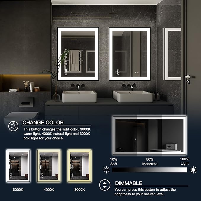 ISKM Framed LED Mirror for Bathroom 72"x40", Dimmable LED Bathroom Mirror with Lights, Anti-Fog, Front and Backlit Lighted Mirror 3-Colors, Shatterproof, Memory Function