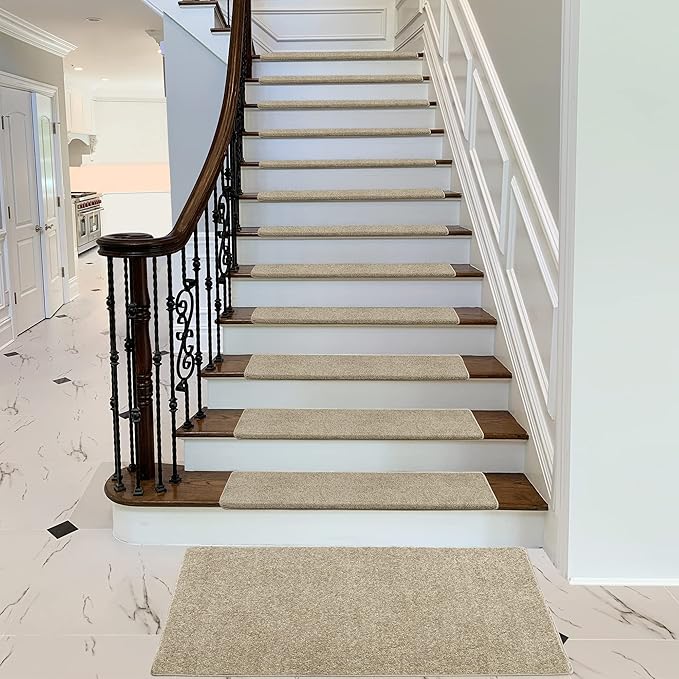 PURE ERA Bullnose Carpet Stair Treads Set Tape Free Non-Slip Indoor Stair Protectors Pet Friendly Rugs Covers Soft Skid Resistant Washable Reusable 9.5" x 30"(7 Pieces,Cream Gray)