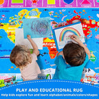 World Map ABC Kid Rug for Playroom Geography 59"×39.4" Classroom Play Rug Educational Baby Playmat Alphabet Carpet Primary School Fluffy Ployester Non-Slip Preschool Mat Nursery Room Learning
