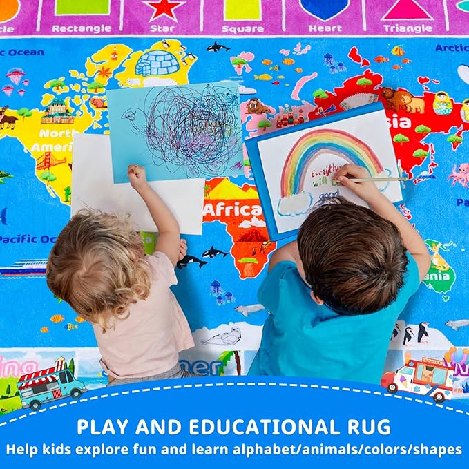 World Map ABC Kid Rug for Playroom Geography 59"×39.4" Classroom Play Rug Educational Baby Playmat Alphabet Carpet Primary School Fluffy Ployester Non-Slip Preschool Mat Nursery Room Learning