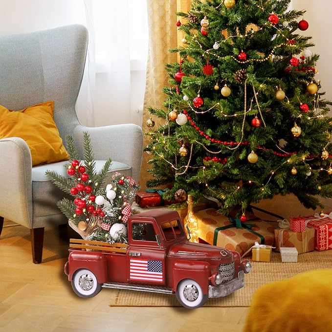Vintage Red Truck Christmas Decor,Farmhouse Metal Trucks Planter, Decorative Americana Tabletop Storage,Patriotic Table Centerpiece Decorations