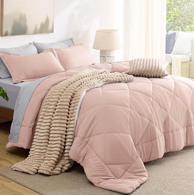 Bedsure Full Size Comforter Set - 7 Pieces Reversible Blush Pink Bedding, Full Size Bed Set for All Seasons, Bed in a Bag with Down Alternative Comforter, Sheets, Pillowcases & Shams