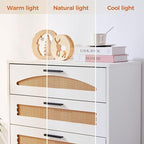 Mericonia 5 Drawer Rattan Dresser for Bedroom, Wood Tall Dresser for Closet with Metal Handles, Boho Nightstand Sets, Dressers & Chests of Drawers for Bedroom, Hallway and Entryway, White