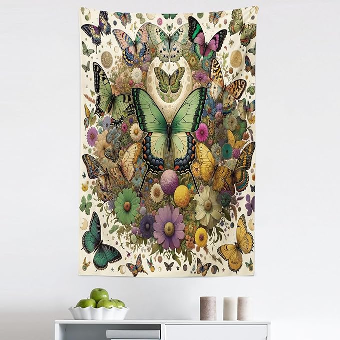 Ambesonne Boho Tapestry, Dancing Moth and Butterfly with Colorful Leafy Jumble Flowers Witchcore, Fabric Wall Hanging Decor for Bedroom Living Room Dorm, 30" X 45", Fern Green Lilac Orange