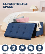 B FSOBEIIALEO Storage Ottoman with Tray, Foot Stools and Ottomans with Legs, Storage Cube Seat Linen Blue 30"