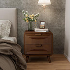 COSIEST Mid-Century Nightstand, Vintage Accent Furniture w 2 Storage Drawers, Modern End Table w Striped Pattern, Wood Small Accent Table for Bedroom, Living Room(Brown,2 Pieces)