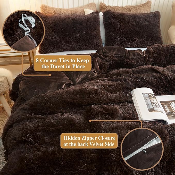 XeGe Plush Shaggy Brown Duvet Cover Set, Luxury Soft Velvet Fluffy Bedding Sets 3 Pieces(1 Furry Faux Fur Comforter Cover Queen Size+ 2 Fuzzy Faux Fur Pillowcases), Zipper Closure(Queen, Coffee)