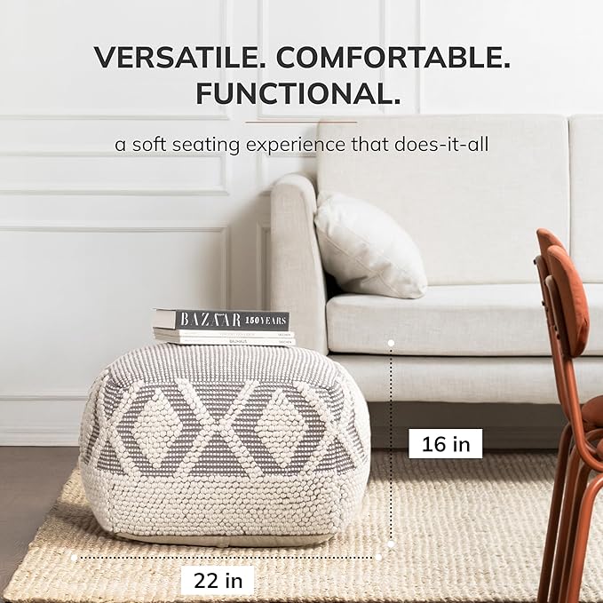 Anji Mountain 100% Handmade & Handcrafted Comfortable Home Décor Pouf Ottoman Footrest for Living Room, Bedroom, Nursery, Kidsroom, Patio Furniture - (22" x 22" x 16"- Gray,Ivory)