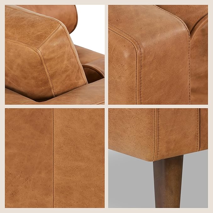 POLY & BARK Napa Lounge Chair – 42” – Cognac Tan – Italian-Tanned Full-Grain Pure-Aniline Leather, Feather-Down Cushions, Solid Wood Frame