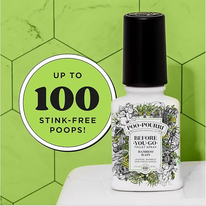 Poo-Pourri Before-You-Go Toilet Spray, Bamboo Rain, 2 Fl Oz, Up to 100 Uses, Bathroom Odor Deodorizer with Essential Oils for Home or Work, Travel Essentials, TSA Approved Size, Bamboo & Fresh Grass