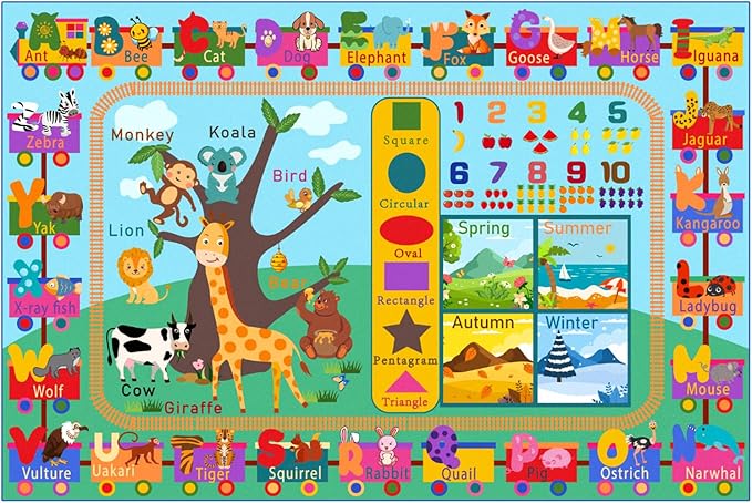 Kids Rug for Playroom, 6x9 ABC Educational Carpet for Classroom, Fun Alphabet Area Rugs for Learn Numbers Season Animal Weather and Shapes Playmat for Girls Boys Room Nursery Decor