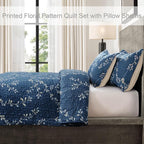 Exclusivo Mezcla Reversible Boho Quilts Queen Size, Navy Bedspreads Lightweight Coverlet All Season Flowers Quilt Bedding Set with Printed Floral Pattern (1 Quilt, 2 Pillow Shams)