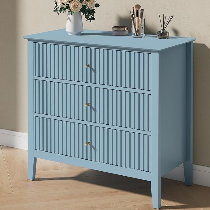 Large Muted Blue 3 Drawer Dresser, Painted 30 Inch Tall Wood Nightstand with Storage, Wide Modern Chest of Drawers with Ball Bearing Slide for Bedroom Hallway Living Room Entryway Office