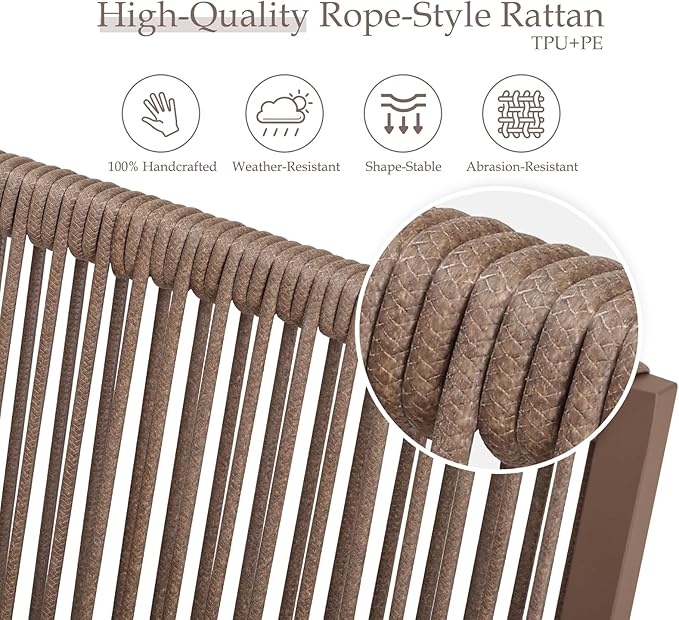 Aluminum Outdoor Patio Dining Chairs - Imitation Rope Vine Chair Ergonomic Backrest Design Detachable Seat Cushion Soft and Breathable Garden Porch Light Brown Set of 6