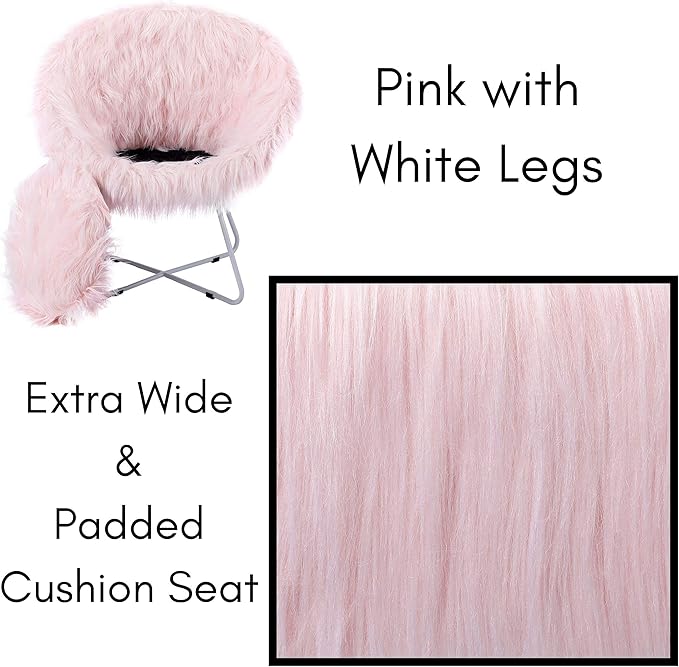 BIRDROCK HOME Faux Fur Papasan Chair with Black Legs - Luxuriously Soft & Lightweight - Wide Cushion Seat for Playroom, or Living Room - Moon Chair - Metal - Fluffy Round Seat - Circle - Pink
