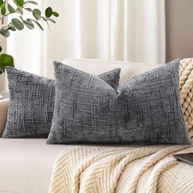 decorUhome Spring Dark Grey Chenille Throw Pillow Covers 12x20 Set of 2 Textured Soft Cozy Slubby Couch Pillow Covers Modern Farmhouse Boho Decorative Pillow Cases for Bed Sofa Living Room