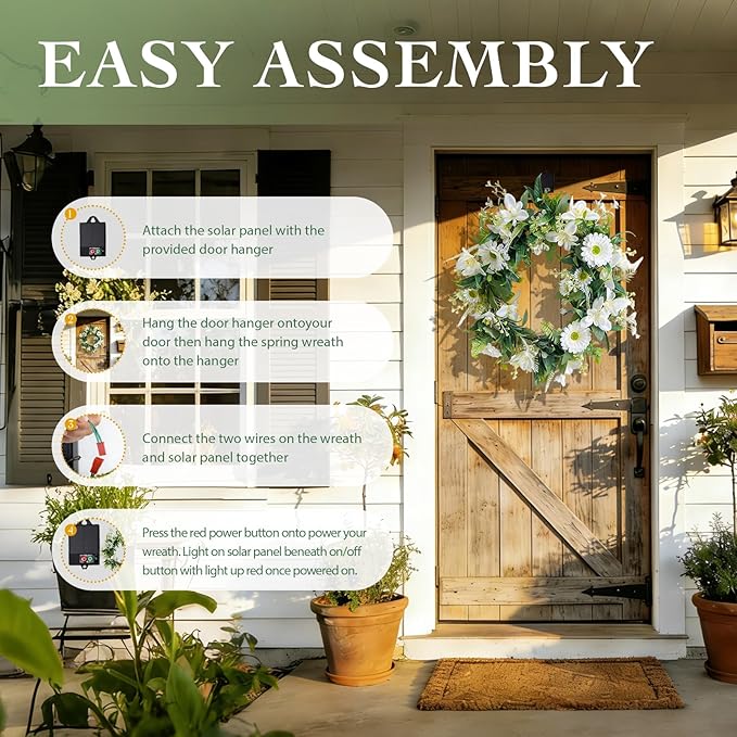 Solar Spring Wreath for Front Door 18inch 30LED Pre-lit Wreath Spring Summer Decor White Daisy Artificial Wreaths for Outside Home Decor for All Season Festival Farmhouse Decor