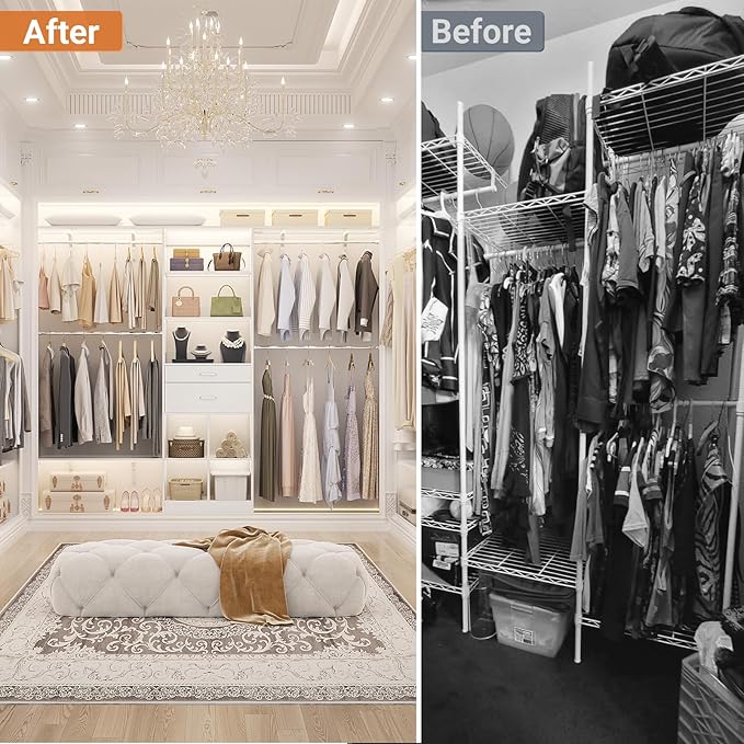 8FT Closet System - 96" Closet Organizer System with Wooden Drawers,Closet Systems for Walk-In Closets with Cuttable Hanging Shelving, White
