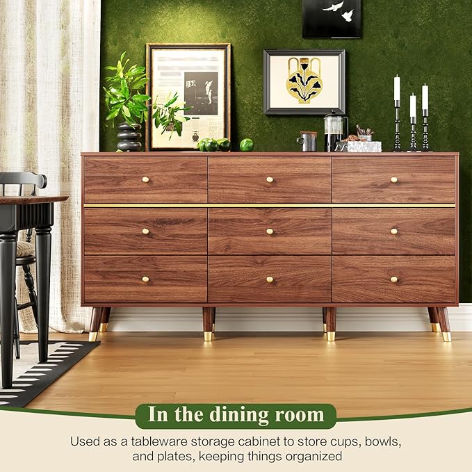 9 Drawer Dresser,63" Wide Mid Century Modern Chest of Drawers,Wooden Bedroom Drawer Dresser with 9 Storage Drawers for Bedroom, Living Room,with Anti-Tipping Device,Chestnut