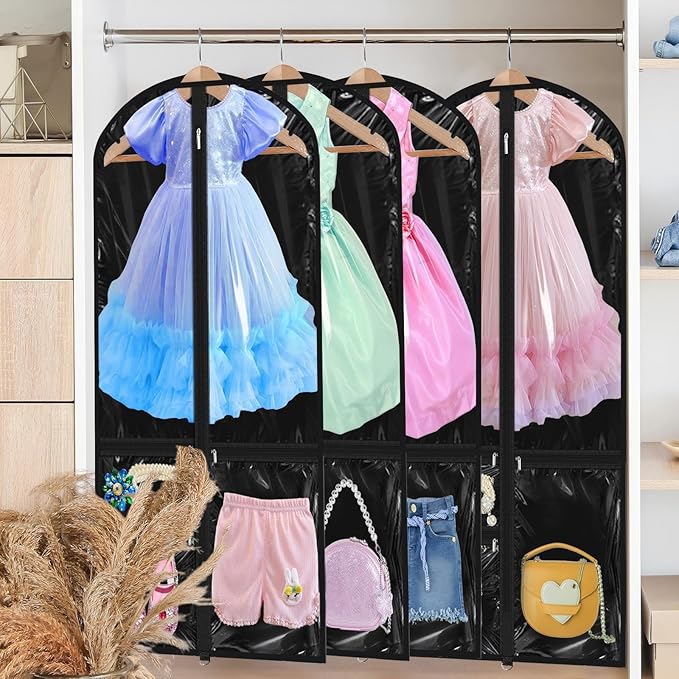 14 Pcs Garment Bags for Dance Costumes Clear PVC with Zippers 24 x 50 Inch Suits Bag with Pockets Dance Costume Organizer Carrier for Storage Cover for Adult(Translucent Black,Classic)