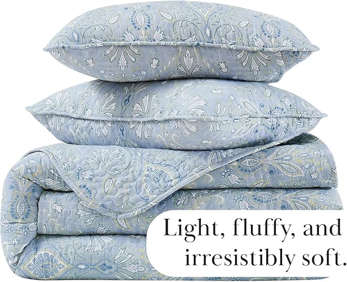 Southshore Fine Living, Inc. Twin XL Comforter Quilt Set, Dorm Bedding Essentials, Stain Resistant, Machine Washable Paisley Boho Bed Spread, Twin XL Quilt Bedspread Set w/Pillow Sham, Blue Paisley