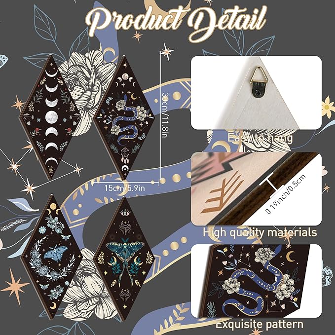 Romart Moon Phase Wall Decor: 4 Pieces Boho Moon Phases Moth Wall Art Wooden Gothic Witchy Hanging Wall Decor Minimalist Wall Pediments for Bedroom Living Room Home Decorations