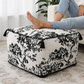 Square Pouf Ottoman Foot Stool with Tassels - Soft Chenille for Living Room & Office - Foot Rest, Home Decor & Removable Cover - Modern Black White Tree Design - 19.7" x 11.8"