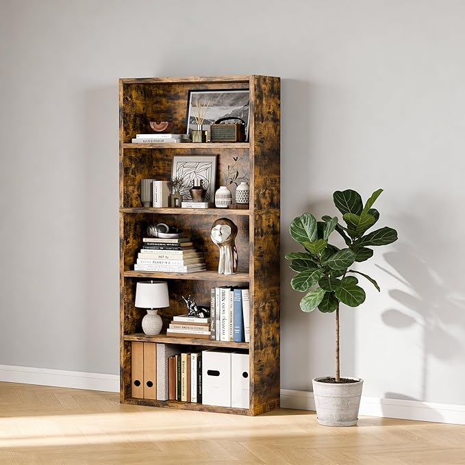 5-Tier Bookcase and Bookshelves, Freestanding Wood Bookshelf, 53" Tall Bookcase with Adjustable Shelves, for Living Room, Bedroom, Home Office, Retro Brown