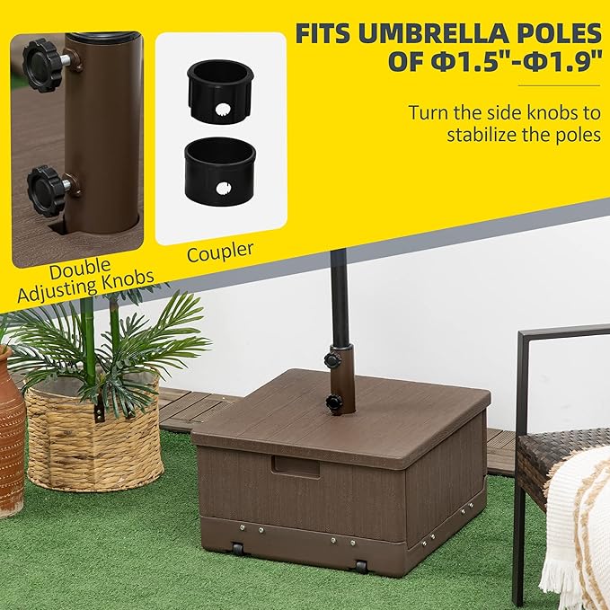 Outsunny 3-in-1 Outdoor Umbrella Base, Coffee End Table, Planter Box with Drain Hole, 175 lbs. Capacity Heavy Duty Fillable Patio Umbrella Stand Table with Wheels and Handles for Deck, Poolside, Brown