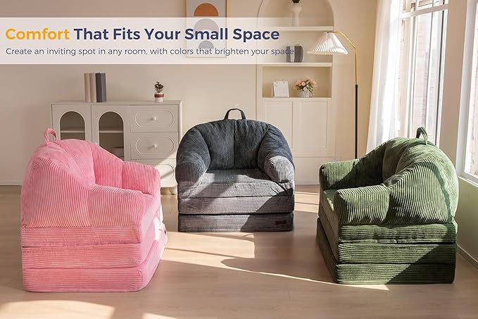 MAXYOYO Folding Sofa Bed with Backrest, Boneless Fold Out Couch Bed with Handle, 2 in 1 Convertible Bean Bag Chair to Floor Sofa Lounger, Comfy Folding Couch for Bedroom & Living Room, Pink