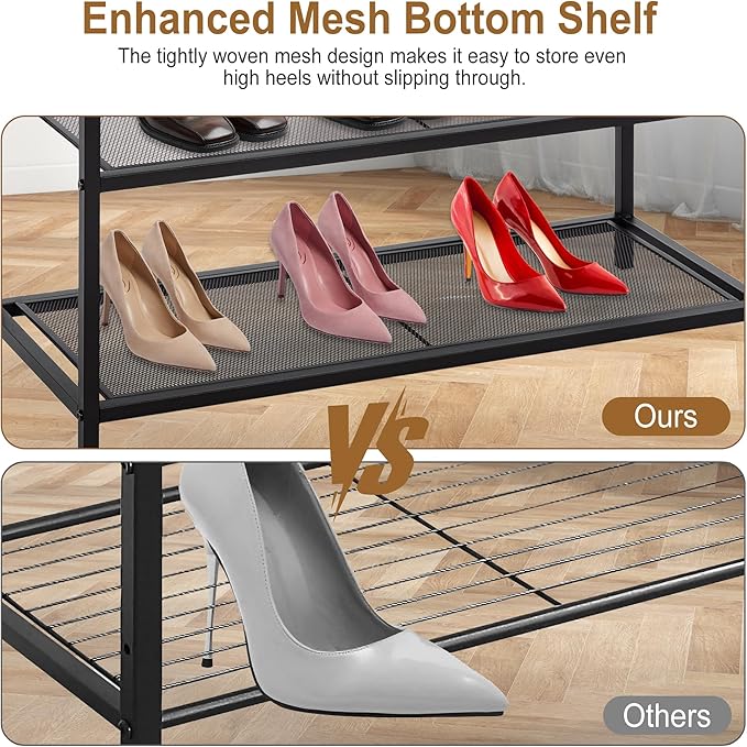 DUMOS 3-Tier Shoe Bench with Storage, Industrial Entryway Sturdy Shoe Rack Organizer Bench with Mesh Shelves for Entryway, Hallway & Living Room, Easy Assembly, Rustic Brown