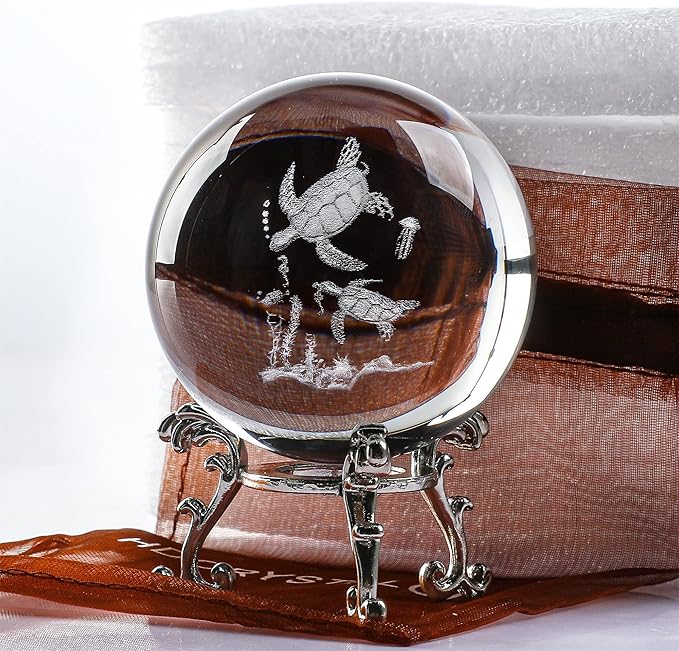 HDCRYSTALGIFTS Crystal Glass Sea Turtle Figurine 60mm(2.3in) 3D Laser Etched Crystal Animal Ornaments Art,Glass Sphere Display Sculpture Home Decor Gift