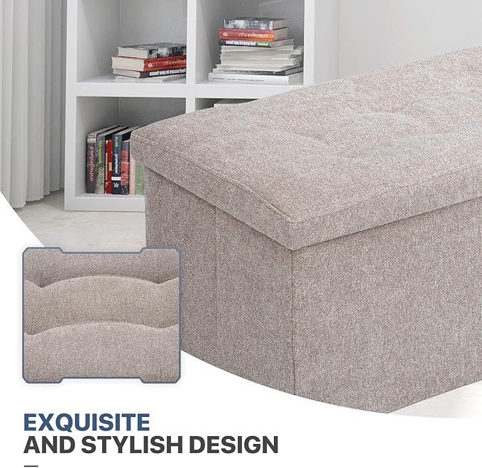 MoNiBloom 30 Inches Storage Ottoman Bench, Rectangle End of Bed Bench, Storage Padded Seat, Linen Fabric Ottoman Footrest for Living Room, Bedroom, Entryway, Sandy Beige